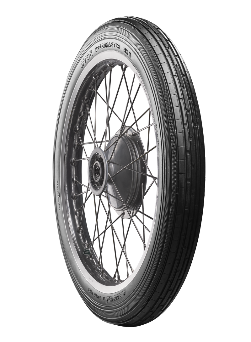 A black Avon Vintage and Classic Tire by Avon Tyres with a shiny silver rim shows a classic tread of thin parallel grooves on its circumference, set against a plain white background.