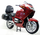 The image showcases the EVO-12 Bike-Pack Kit for BMW R 1150 RT (2001) by Ventura, featuring a stylish black bike-pack labeled "EVO-12 Pack," an "Evo-Rack" top-box rack, and an L-Bracket with screws for easy assembly, all set against a pristine white background.