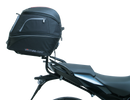 Image of Ventura EVO-12 Bike-Pack Kit components, featuring a compact black EVO-12 pack with a sleek design and durable Adjustable Pack-Rack. It includes a labeled mounting plate for BMW R 1250 R, RS (19 - >), pannier support, versatile L-bracket, and complete mounting hardware and screws.