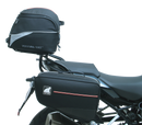 Image of Ventura EVO-12 Bike-Pack Kit components, featuring a compact black EVO-12 pack with a sleek design and durable Adjustable Pack-Rack. It includes a labeled mounting plate for BMW R 1250 R, RS (19 - >), pannier support, versatile L-bracket, and complete mounting hardware and screws.