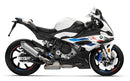 Image showing the Ventura EVO-12 Bike-Pack Kit for BMW S 1000 RR (23->), with labeled EVO-12 pack (black bag), Evo-Rack (black rack), L-Bracket + bolts. Compatible with Adjustable Pack-Rack systems.