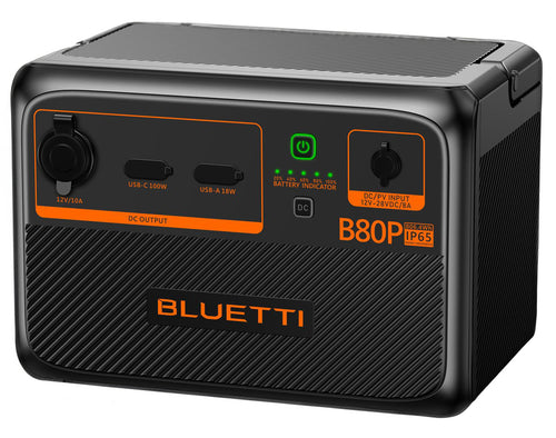 The BLUETTI B80P Expansion Battery & USB/12VDC UPS Power Station, designed in black and orange with the "BLUETTI" logo on the front, features various outlets including a 12V/10A DC output, a USB-C 100W port, a USB-A 18W port, and a 12V/28V DC/PV input. It boasts an 806Wh LiFePO4 battery and includes a battery indicator on top.