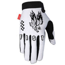 The FIST BAXTER MAIWALD - SOARING EAGLE GLOVE features "FIST" on the fingers, a black flaming eagle on the back, a black checkered flag detail, and a red "FIST" tag—ideal for BMX or motocross enthusiasts.
