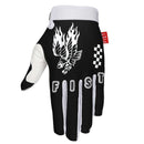 The FIST BAXTER MAIWALD - SOARING EAGLE GLOVE features "FIST" on the fingers, a black flaming eagle on the back, a black checkered flag detail, and a red "FIST" tag—ideal for BMX or motocross enthusiasts.