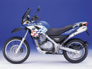 The Ventura EVO-12 Bike-Pack Kit for BMW F 650 GS Dakar (01-05) shown with a black EVO-12 pack, Evo-Rack on the bike, and L-bracket with hardware. Compatible with Adjustable Pack-Rack for more versatility.
