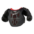 The Alpinestars Bionic Action Kids Chest Guard in black features padded shoulders and chest, with a red lining and a prominent ALPINESTARS logo on the front. Designed for safety and flexibility, this protective gear helps ensure kids' safety during high-intensity sports activities.