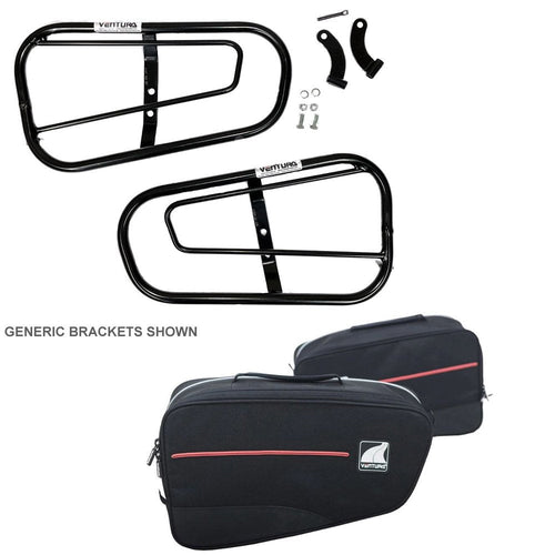 The image features the Ventura EVO-12 Bike-Pack Kit for the Kawasaki Z 1000 ABS/Ninja (14 ->) with a black and orange EVO-12 bag. It highlights the mounted Evo-Rack and accompanying L-Bracket with screws, showcasing seamless integration for your biking adventures.