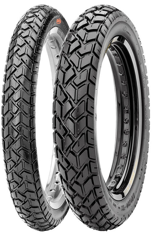 Two CHENG SHIN 90/90X19 TYRE DUAL PURPOSE DOT tires by City Honda Manawatu stand upright on silver rims, featuring deep, angular treads for excellent grip and durable construction, suitable for both front and rear use.