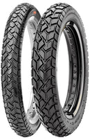 Two CHENG SHIN 90/90X19 TYRE DUAL PURPOSE DOT tires by City Honda Manawatu stand upright on silver rims, featuring deep, angular treads for excellent grip and durable construction, suitable for both front and rear use.
