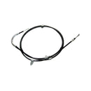A coiled black cable with metallic connectors at both ends, identified as the Park Brake Cable OEM Fitment Honda, available from OEM Honda Parts. The cable features a curved section on one end and a straight section on the other, with several metal clamps attached along its length.