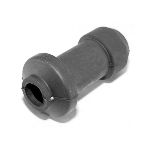 A black rubber bushing with a cylindrical shape and wider circular ends, resembling a mechanical part used for absorbing shocks or vibrations in machinery or vehicles. This FRONT BRAKE CALIPER PIN OEM FITMENT HONDA from OEM HONDA PARTS has a hollow center, allowing it to fit onto a pin or similar component.