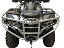 Close-up of a CF Moto C Force 625 EPS Touring by Ventura, showcasing its silver bull bar grille with a tow-ball, rugged tires, and a silver and black body indicating its robust off-road design.