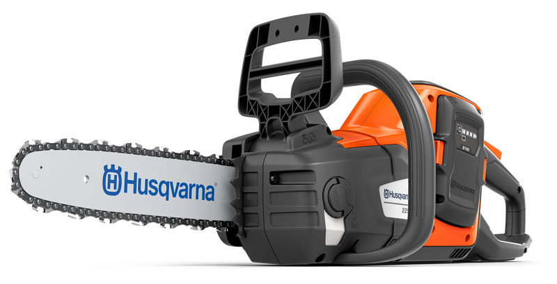 The Husqvarna 225i with battery and charger is an orange and black battery-powered chainsaw featuring a visible brand logo, black handle, silver blade, and rechargeable battery pack for high-performance cutting.