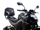 Ventura's EVO-12 Bike-Pack Kit for CF Moto 300 NK, featuring a sleek black and gray EVO-12 Pack with orange accents, an Adjustable Pack-Rack installed on a bike, and an image of an L-bracket with screws.