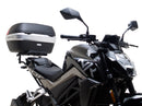 Ventura's EVO-12 Bike-Pack Kit for CF Moto 300 NK, featuring a sleek black and gray EVO-12 Pack with orange accents, an Adjustable Pack-Rack installed on a bike, and an image of an L-bracket with screws.