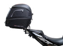 Ventura's EVO-12 Bike-Pack Kit for CF Moto 300 NK, featuring a sleek black and gray EVO-12 Pack with orange accents, an Adjustable Pack-Rack installed on a bike, and an image of an L-bracket with screws.