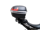 Ventura's EVO-12 Bike-Pack Kit for CF Moto 300 NK, featuring a sleek black and gray EVO-12 Pack with orange accents, an Adjustable Pack-Rack installed on a bike, and an image of an L-bracket with screws.