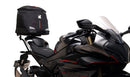 The Ventura EVO-12 Bike-Pack Kit for CF Moto 450 SR-S (24 ->) includes a black EVO-12 pack, Sport-Rack EVO-Rack (metal bike rack), and L-Bracket with screws; hardware is shown separately as a generic image.