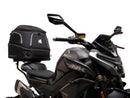 Image shows a Ventura EVO-12 Bike-Pack Kit for CF Moto 800 NK (23->), featuring a black EVO-12 pack, an adjustable metal Pack-Rack on the bike, and a generic L-bracket with mounting hardware.