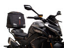 Image shows a Ventura EVO-12 Bike-Pack Kit for CF Moto 800 NK (23->), featuring a black EVO-12 pack, an adjustable metal Pack-Rack on the bike, and a generic L-bracket with mounting hardware.