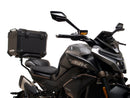 Image shows a Ventura EVO-12 Bike-Pack Kit for CF Moto 800 NK (23->), featuring a black EVO-12 pack, an adjustable metal Pack-Rack on the bike, and a generic L-bracket with mounting hardware.