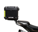 Image shows a Ventura EVO-12 Bike-Pack Kit for CF Moto 800 NK (23->), featuring a black EVO-12 pack, an adjustable metal Pack-Rack on the bike, and a generic L-bracket with mounting hardware.