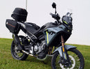 Ventura CF Moto 450 MT (24 - >) Bike-Pack Kit includes a black EVO-12 pack, Evo-Rack on the bike, and black L-Bracket with screws—text labels highlight each part, demonstrating the Adjustable Pack-Rack system's versatility.