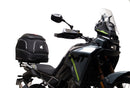 Ventura CF Moto 450 MT (24 - >) Bike-Pack Kit includes a black EVO-12 pack, Evo-Rack on the bike, and black L-Bracket with screws—text labels highlight each part, demonstrating the Adjustable Pack-Rack system's versatility.
