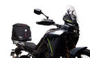 Ventura CF Moto 450 MT (24 - >) Bike-Pack Kit includes a black EVO-12 pack, Evo-Rack on the bike, and black L-Bracket with screws—text labels highlight each part, demonstrating the Adjustable Pack-Rack system's versatility.