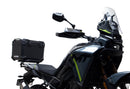 Ventura CF Moto 450 MT (24 - >) Bike-Pack Kit includes a black EVO-12 pack, Evo-Rack on the bike, and black L-Bracket with screws—text labels highlight each part, demonstrating the Adjustable Pack-Rack system's versatility.