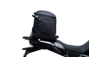 Ventura CF Moto 450 MT (24 - >) Bike-Pack Kit includes a black EVO-12 pack, Evo-Rack on the bike, and black L-Bracket with screws—text labels highlight each part, demonstrating the Adjustable Pack-Rack system's versatility.