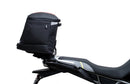 Ventura CF Moto 450 MT (24 - >) Bike-Pack Kit includes a black EVO-12 pack, Evo-Rack on the bike, and black L-Bracket with screws—text labels highlight each part, demonstrating the Adjustable Pack-Rack system's versatility.