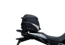 Ventura CF Moto 450 MT (24 - >) Bike-Pack Kit includes a black EVO-12 pack, Evo-Rack on the bike, and black L-Bracket with screws—text labels highlight each part, demonstrating the Adjustable Pack-Rack system's versatility.