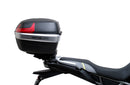 Ventura CF Moto 450 MT (24 - >) Bike-Pack Kit includes a black EVO-12 pack, Evo-Rack on the bike, and black L-Bracket with screws—text labels highlight each part, demonstrating the Adjustable Pack-Rack system's versatility.