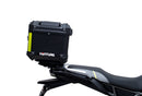 Ventura CF Moto 450 MT (24 - >) Bike-Pack Kit includes a black EVO-12 pack, Evo-Rack on the bike, and black L-Bracket with screws—text labels highlight each part, demonstrating the Adjustable Pack-Rack system's versatility.
