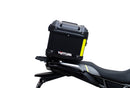 Ventura CF Moto 450 MT (24 - >) Bike-Pack Kit includes a black EVO-12 pack, Evo-Rack on the bike, and black L-Bracket with screws—text labels highlight each part, demonstrating the Adjustable Pack-Rack system's versatility.