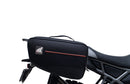 Ventura CF Moto 450 MT (24 - >) Bike-Pack Kit includes a black EVO-12 pack, Evo-Rack on the bike, and black L-Bracket with screws—text labels highlight each part, demonstrating the Adjustable Pack-Rack system's versatility.