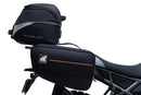 Ventura CF Moto 450 MT (24 - >) Bike-Pack Kit includes a black EVO-12 pack, Evo-Rack on the bike, and black L-Bracket with screws—text labels highlight each part, demonstrating the Adjustable Pack-Rack system's versatility.