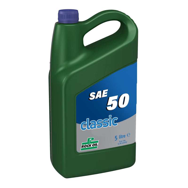 A 5-liter container of Rock Oil mineral-based Classic SAE 50 engine oil comes in green with a blue label and a purple cap, ideal for vintage motor vehicles.