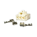 The CONNECTOR KIT 2 PACK by MISCELLANEOUS features a white electrical connector housing with two plug slots, displayed alongside three heavy-duty metal terminal connectors, all set against a plain white background.