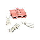 The CONNECTOR 078 by MISCELLANEOUS is a pink plastic electrical connector housing featuring four silver metal terminal pins. The housing includes slots for the terminals, which are also shown separately in the image and are designed to fit into the connector housing seamlessly.