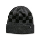 The Alpinestars Checked Beanie by ALPINESTARS is a dark gray cuffed beanie in cozy knit jersey stitch, featuring a black checkered front and a small logo on the bottom right corner, all set against a plain white background.