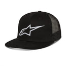 The Alpinestars Corp Trucker Hat Black by ALPINESTARS features a 3D embroidered logo with a stylized star and swoosh on the front, solid front panel, mesh back panels, and an adjustable snapback for comfort.