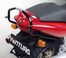 Image showing the Ventura EVO-12 Bike-Pack Kit for Ducati 1000 ST3 (03-07), featuring an EVO-12 pack, Evo-Rack mounted on the bike, and labeled L-Bracket with hardware. All parts are displayed and text-labeled on a white background.