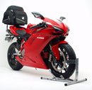 The Ducati 1098s (07-08) Ventura Bike-Pack Kit includes a black EVO-12 pack, an EVO-Rack Top-Box Rack mounted on the motorcycle, and a generic image of a black L-Bracket with mounting hardware.