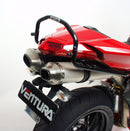 The Ducati 1098s (07-08) Ventura Bike-Pack Kit includes a black EVO-12 pack, an EVO-Rack Top-Box Rack mounted on the motorcycle, and a generic image of a black L-Bracket with mounting hardware.