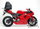 Image of a Ventura Ducati 848 (08-11) Bike-Pack Kit featuring three parts: a top left black EVO-12 pack with a red stripe, an Adjustable Pack-Rack Evo-Rack mounted on a bike in the top right, and an L-bracket kit with screws labeled as a generic image at the bottom.