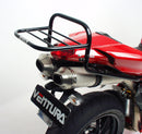 The Ducati 1098s (07-08) Ventura Bike-Pack Kit includes a black EVO-12 pack, an EVO-Rack Top-Box Rack mounted on the motorcycle, and a generic image of a black L-Bracket with mounting hardware.