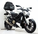The image showcases a Ventura EVO-12 Bike-Pack Kit featuring a sleek black branded bag, an Evo-Rack securely mounted on a Ducati 848 Street Fighter (12-15), and a versatile L-bracket with bolts.
