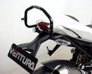 Image showing three components of the Ducati 1099 Street fighter S (09-13) EVO-12 Bike-Pack Kit by Ventura: an EVO-12 pack, an Evo-Rack mounted on a bike, and an L-Bracket with mounting hardware (generic image).